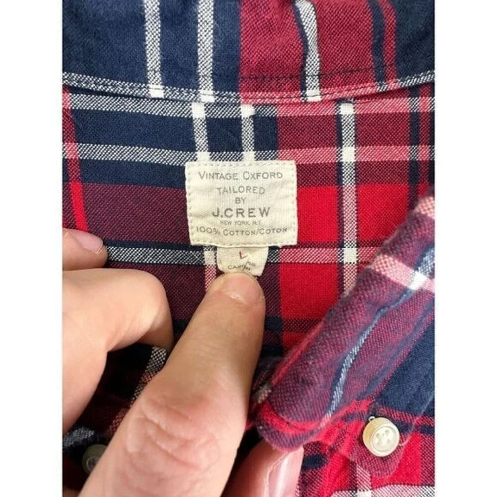 J Crew Button Down Shirt Adult Large Red Blue Plaid Tailored Long Sleeve Mens